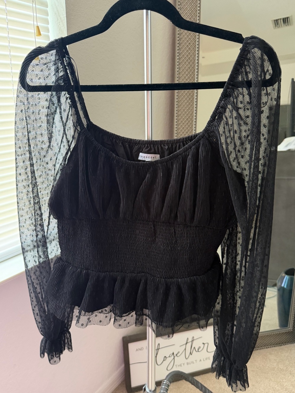 Crescent Black Sheer Dot Sleeve Peplum Top